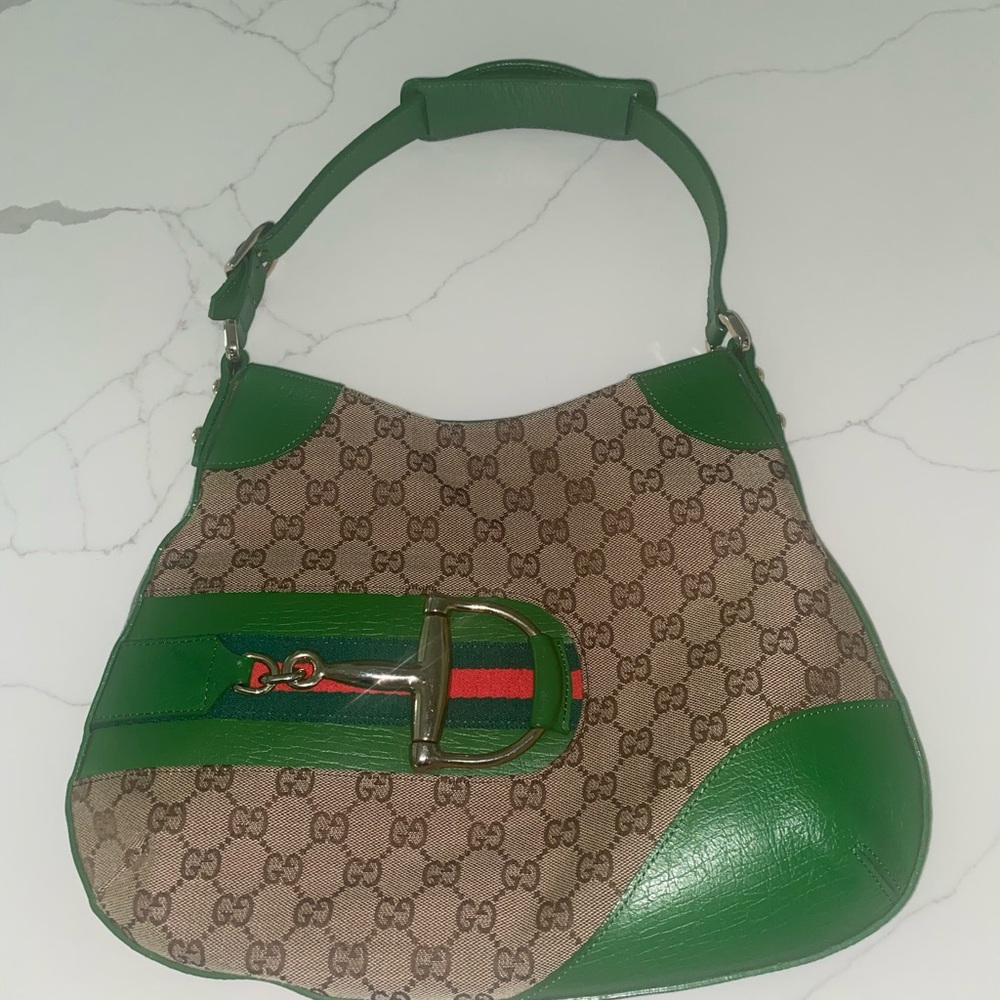 Gucci Brown GG Canvas Web Hasler Shoulder Bag Green Red